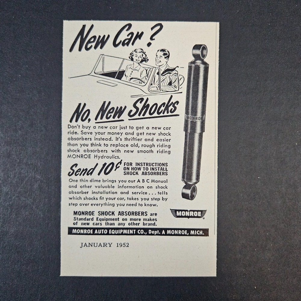 1952 Monroe MI Auto Equipment Shock Absorbers Vintage Print Ad Convertible Car